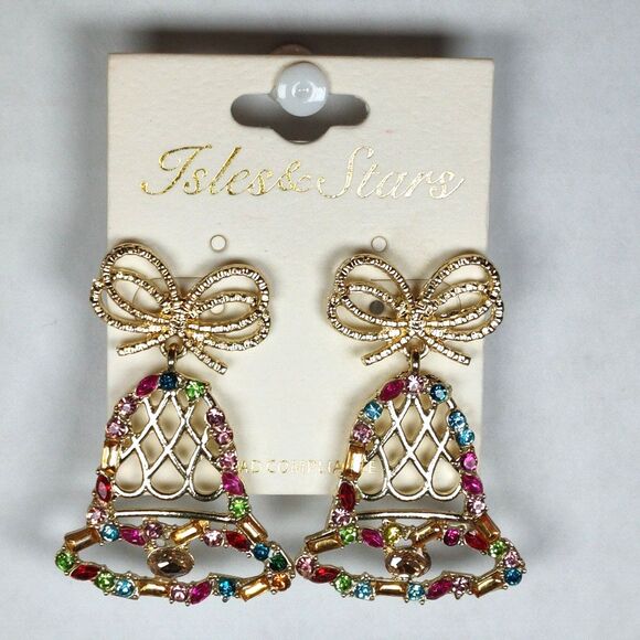 Isles & Stars Christmas Bell Drop Earrings Gold Tone Metal Plastic Rhinestones - Picture 12 of 16